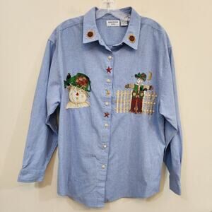 Whitefish Bay Vtg button front scarecrow Sunflower Embroidered  shirt Woman Sz L